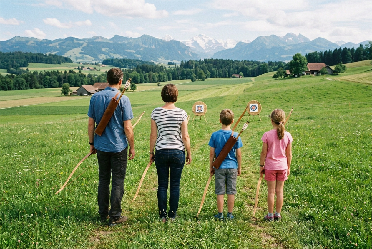 Familie mit Eltern und Kindern schießt mit Bögen auf einer Wiese